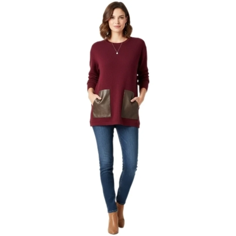 J.Crew Merino Wool Burgundy Sweater Faux Leather Pockets Size L